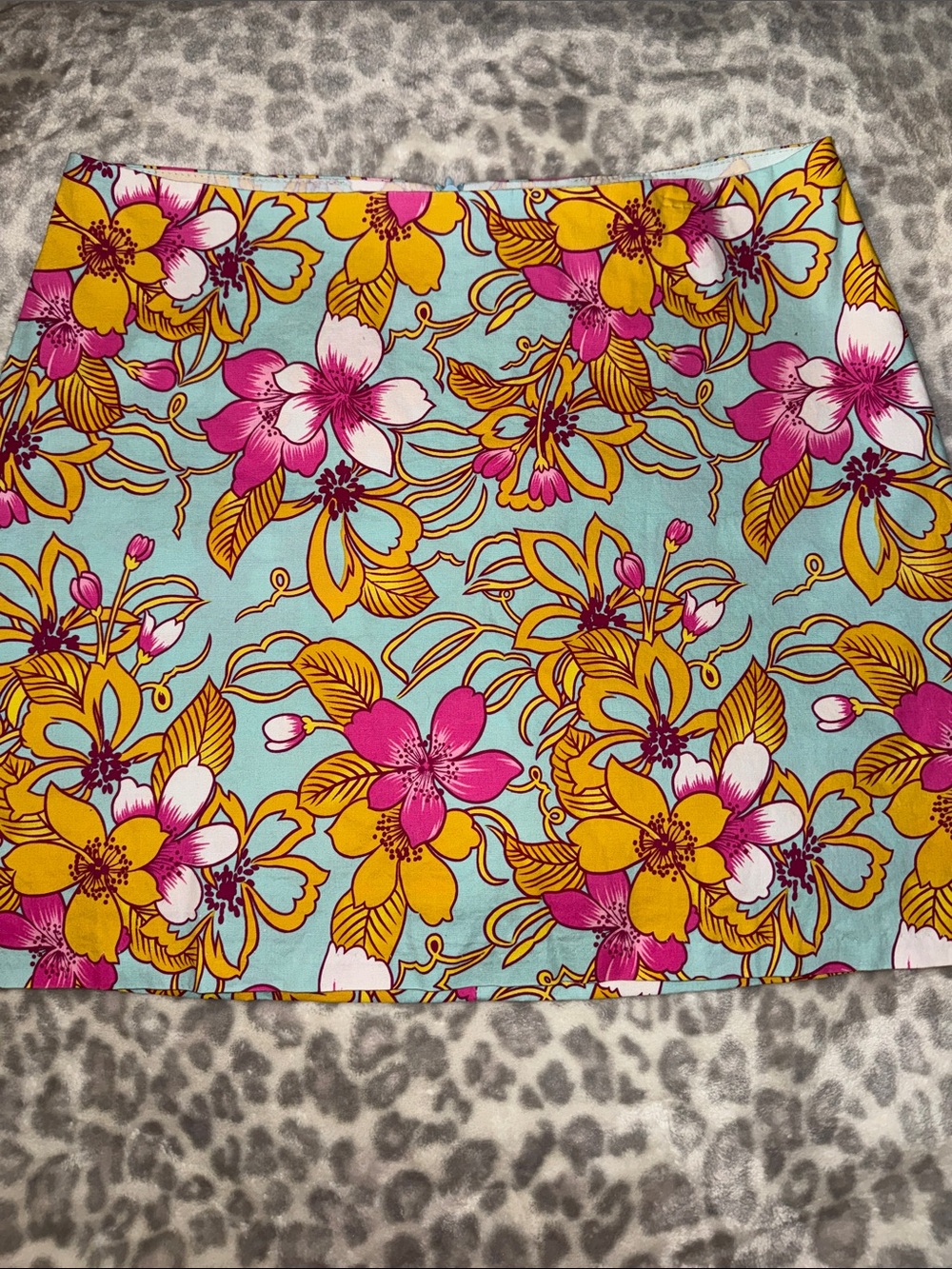 Aqua Floral Mini Skirt with Pink & Yellow Blooms